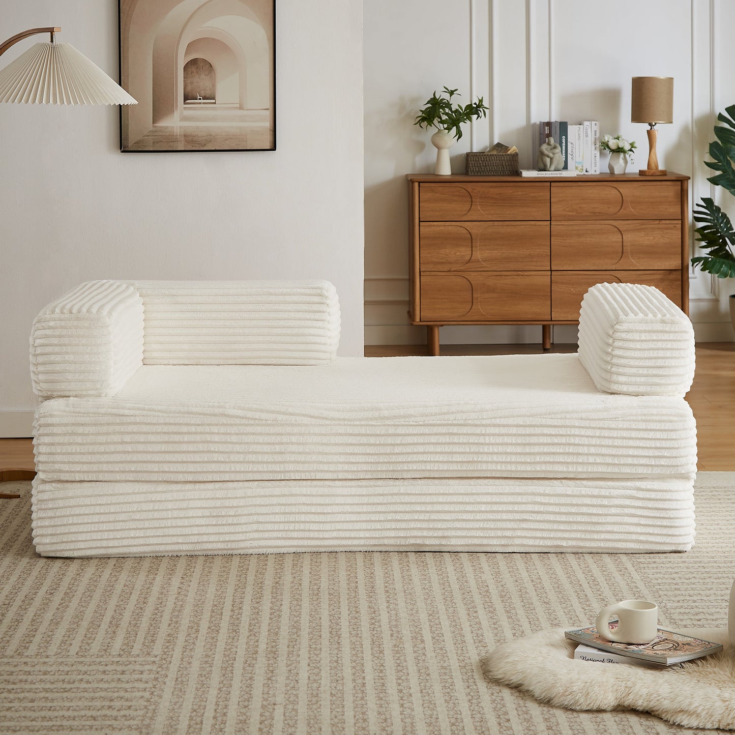 Loveseat sofa by HouseOfZazla, two white ribbed seating blocks in a modern living room on Tampa Home & Garden Store