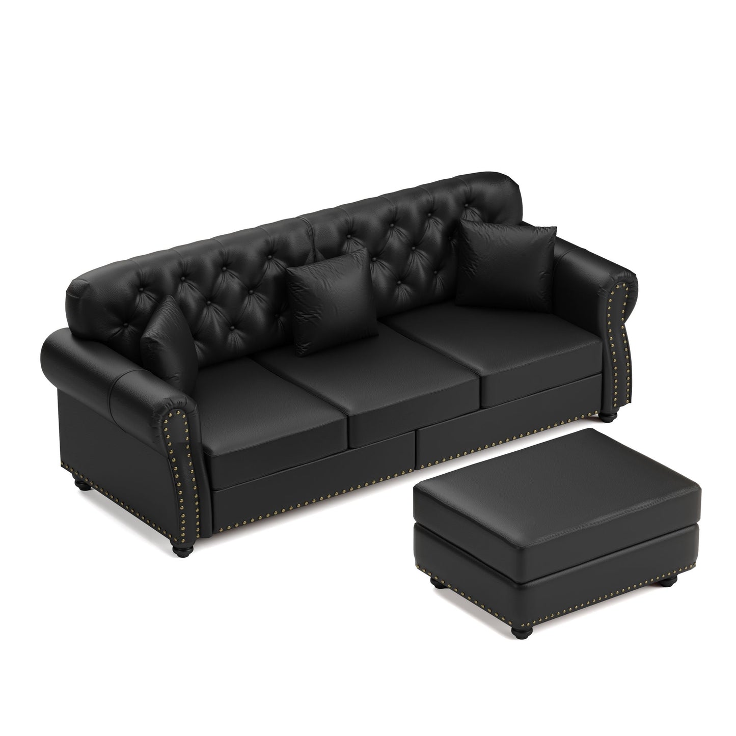Upholstered Sofa with Nailhead and Ottoman