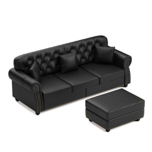 Sofa with nailhead trim and rolled arms in black leather, includes ottoman HouseOfZazla on Tampa Home & Garden Store