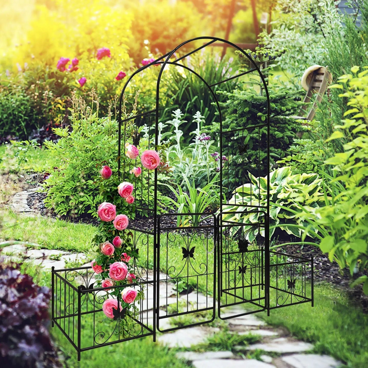 Metal garden arch with gate in black for climbing roses, outdoor decor on Tampa Home & Garden Store