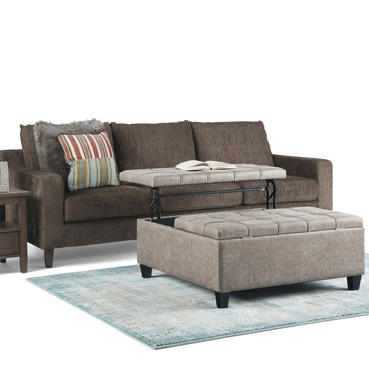 Harrison Tufted Lift Top Storage Ottoman in light gray fabric with black metal legs on Tampa Home & Garden Store