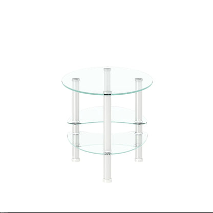 Transparent oval glass coffee table with three-tier shelves and chrome legs on Tampa Home & Garden Store
