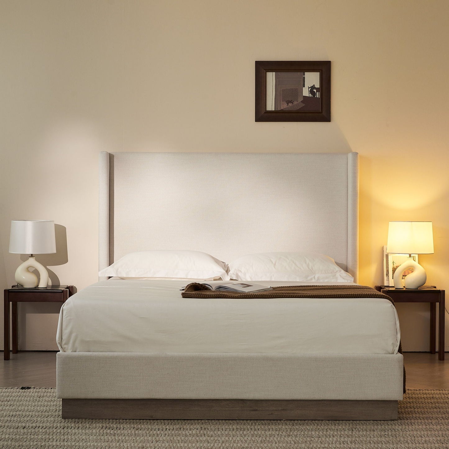 Hosford minimalist upholstered wingback bed in light gray fabric with dark wood base HouseOfZazla on Tampa Home & Garden Store