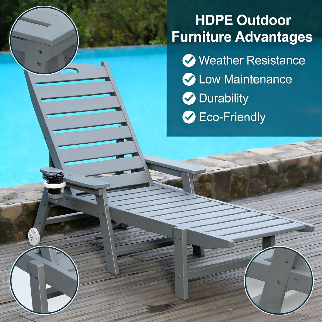 HDPE Outdoor Chaise Lounge Chair by HouseOfZazla with adjustable backrest, grey finish, poolside on Tampa Home & Garden Store