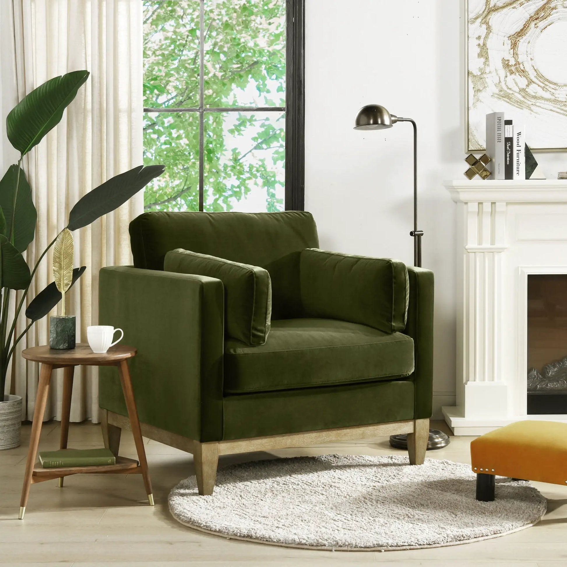 Knox Modern Farmhouse Arm Chair in olive green velvet with light wood legs on Tampa Home & Garden Store