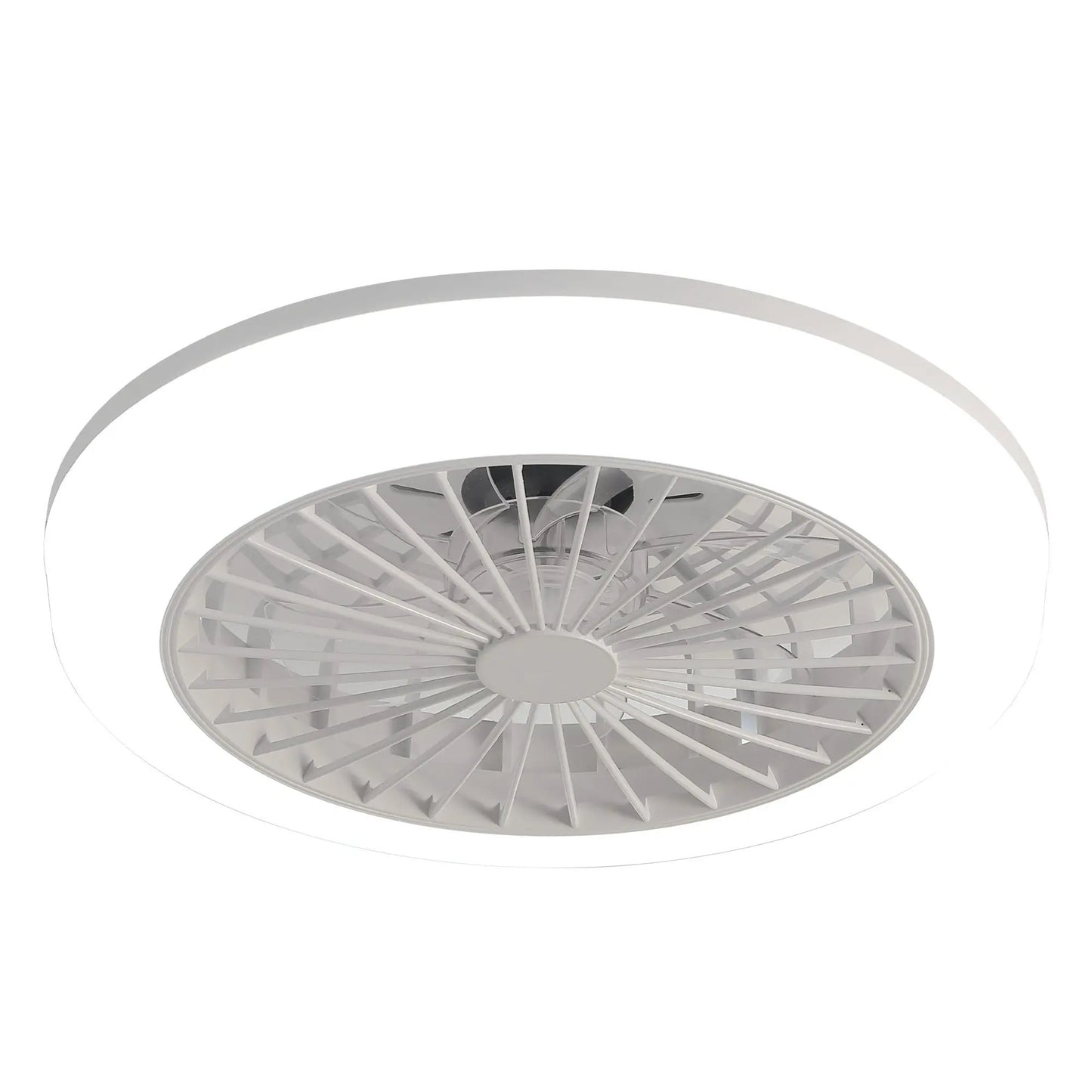 White bladeless ceiling fan with remote and built-in light, circular housing on Tampa Home & Garden Store