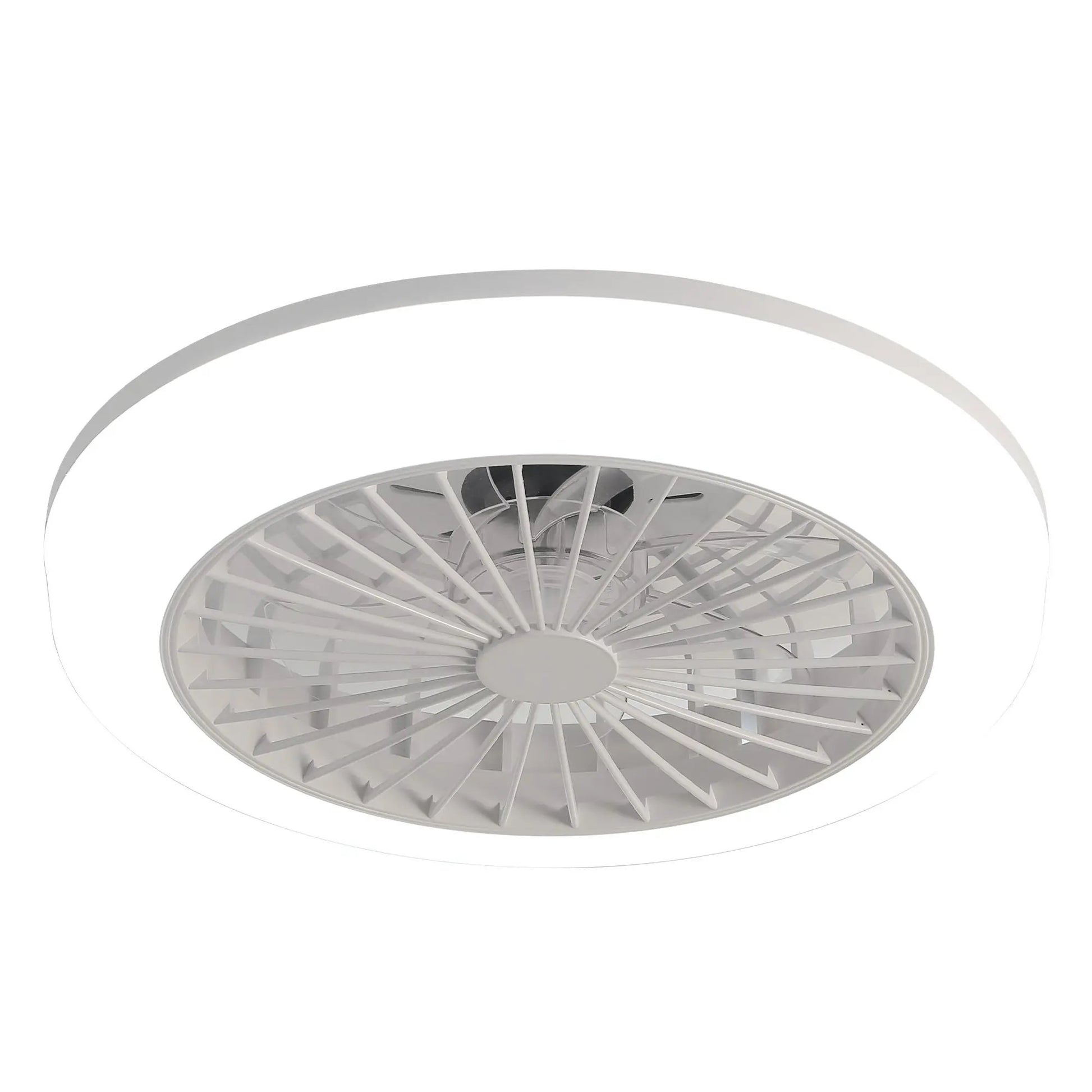 White bladeless ceiling fan with remote and built-in light, circular housing on Tampa Home & Garden Store