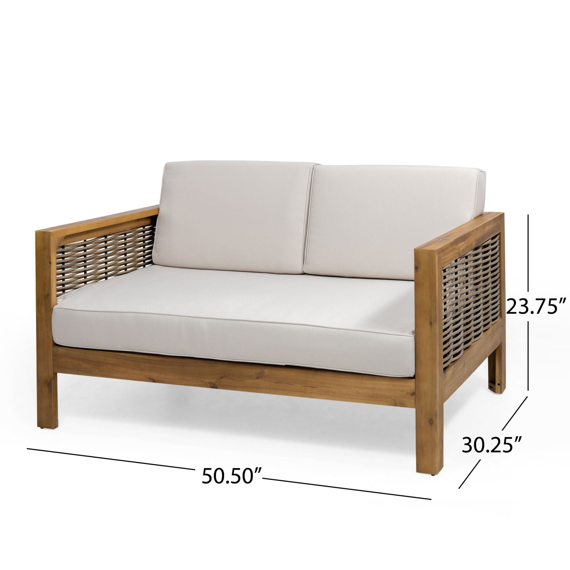 Outdoor teak patio set with beige cushions; 2-piece loveseat and coffee table on Tampa Home & Garden Store