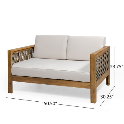 Outdoor teak patio set with beige cushions; 2-piece loveseat and coffee table on Tampa Home & Garden Store