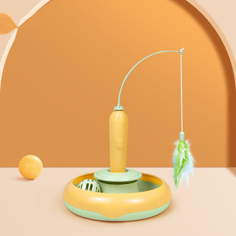 2 in 1 cat toy with feather for self-play on a yellow mint turntable base on Tampa Home & Garden Store