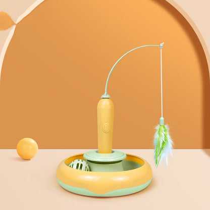 2 in 1 cat toy with feather for self-play on a yellow mint turntable base on Tampa Home & Garden Store