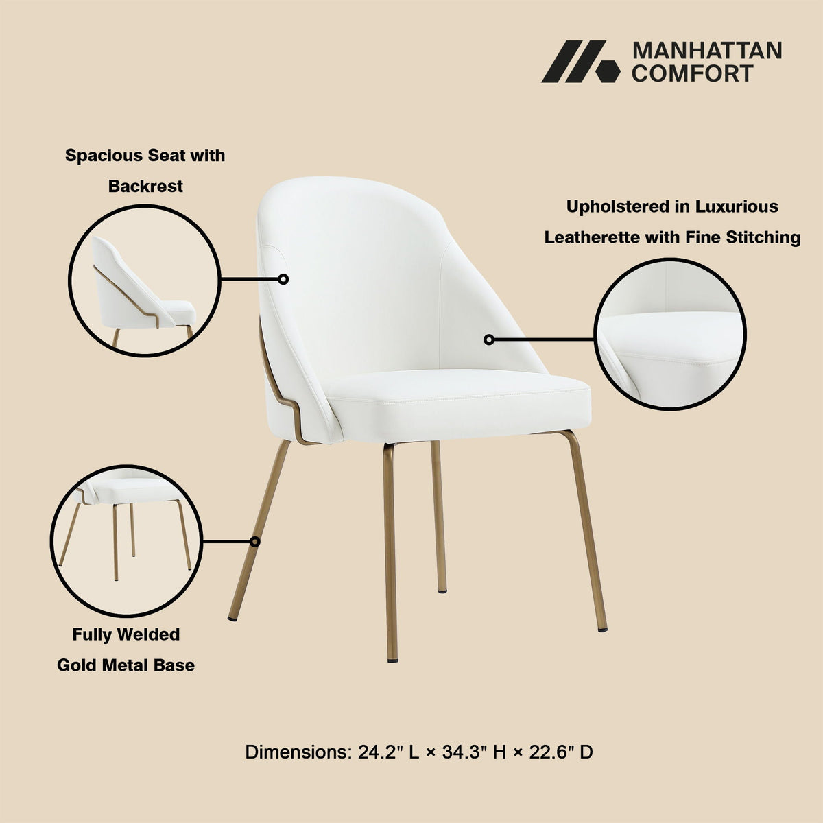 Upholstered dining chair by HouseOfZazla, white faux leather with gold metal base on Tampa Home & Garden Store