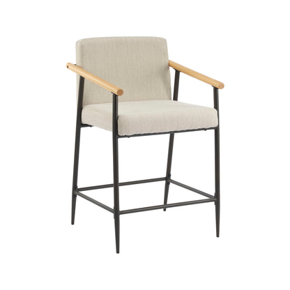 Counter Stool by HouseOfZazla with beige upholstery, black iron frame, light wood arms on Tampa Home & Garden Store