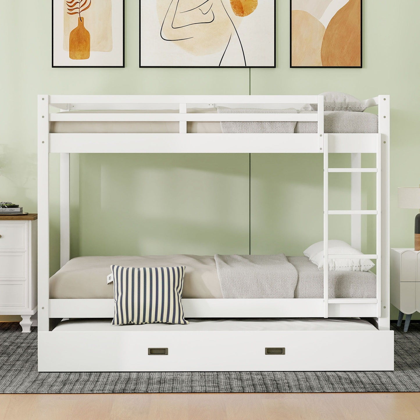 Sturdy bunk bed with ladder by HouseOfZazla, white frame, twin bunks with grey bedding on Tampa Home & Garden Store
