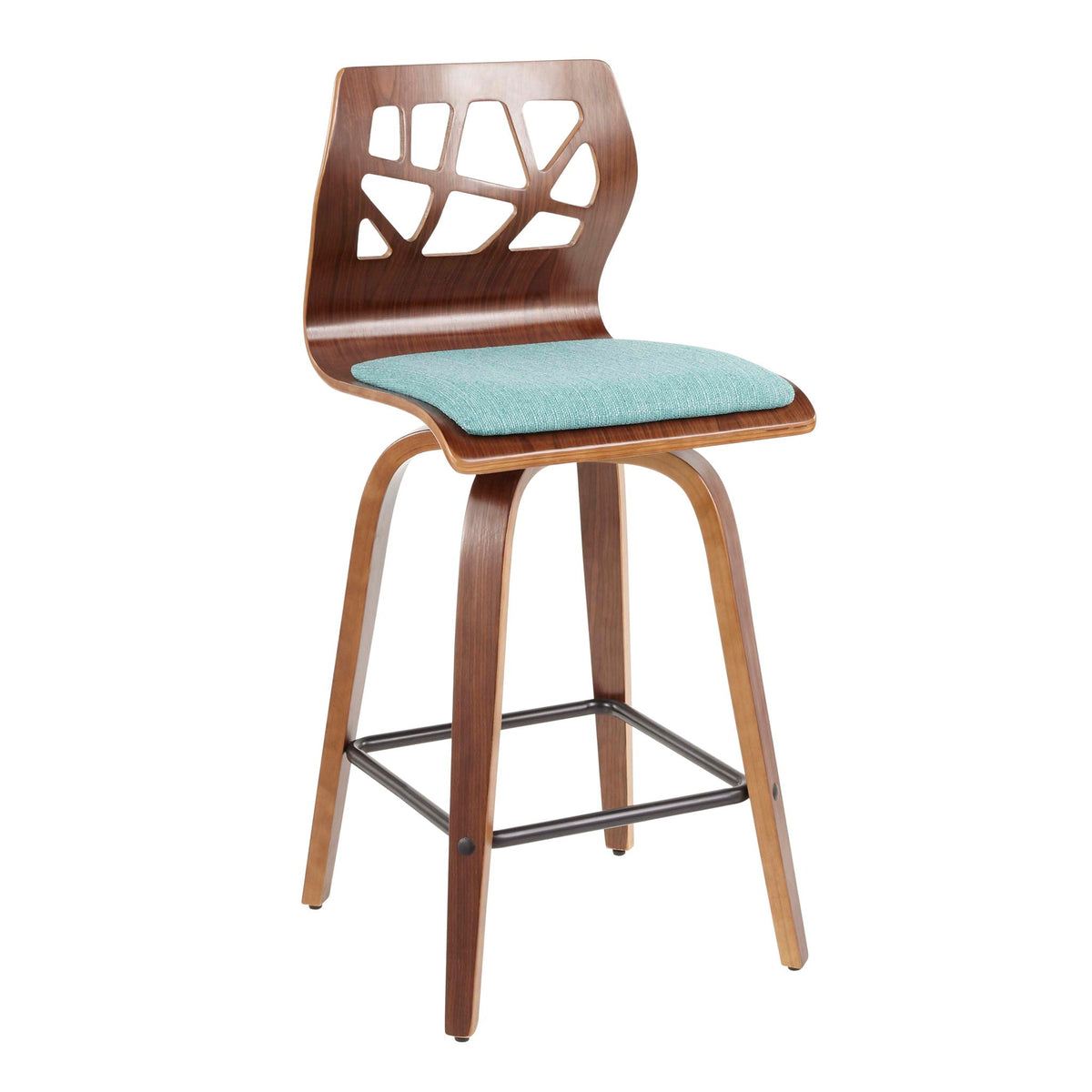 Mid-Century Modern counter stool with swivel, wood frame and teal cushion, geometric back panel on Tampa Home & Garden Store
