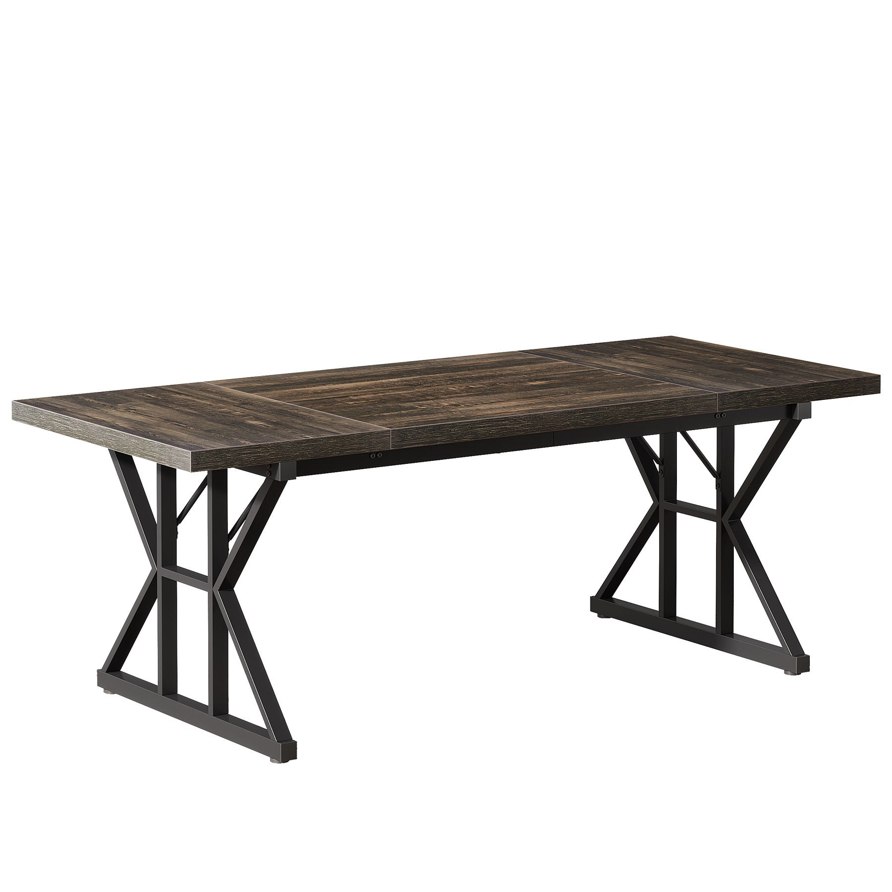 Rectangular dining table with X-trestle metal legs in dark wood finish on Tampa Home & Garden Store