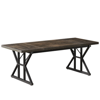 Rectangular dining table with X-trestle metal legs in dark wood finish on Tampa Home & Garden Store