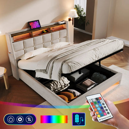 Upholstered Platform Bed With Storage USB LED