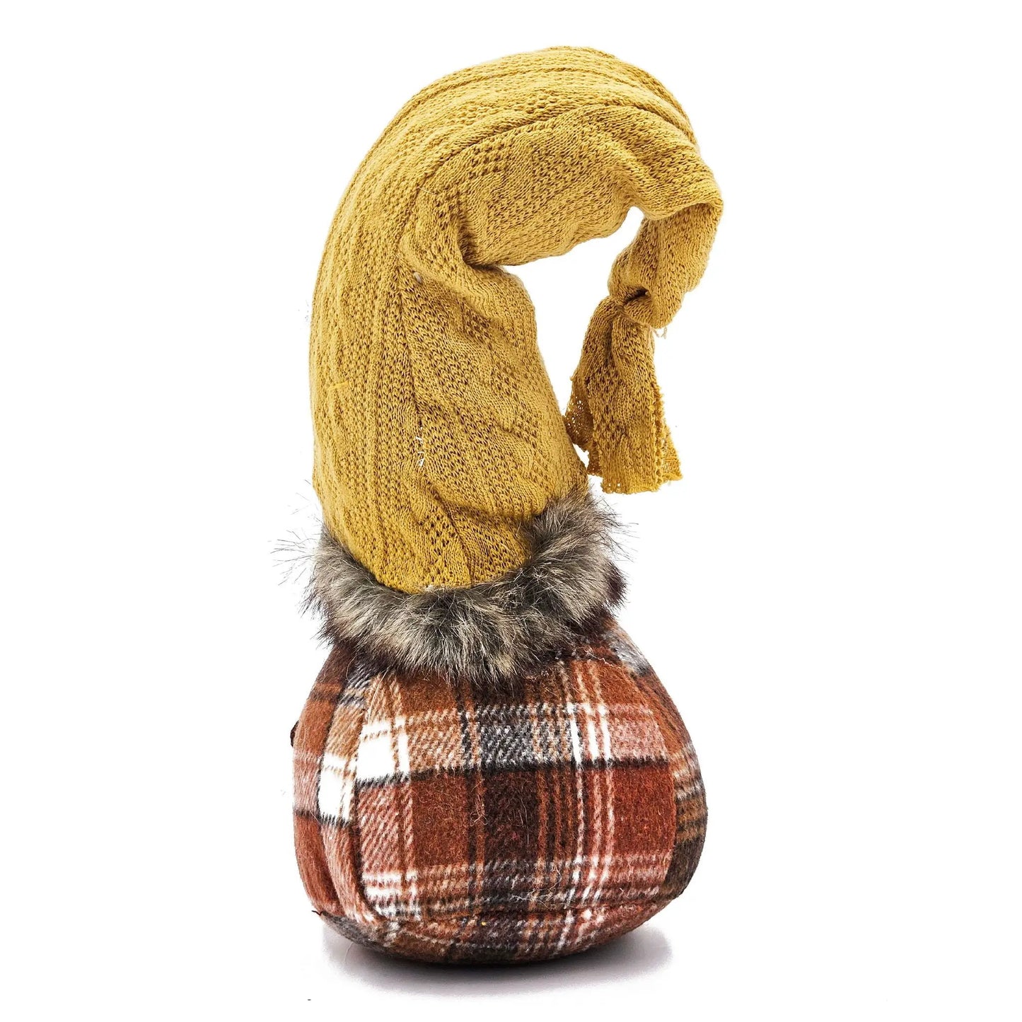 Gnome decorations set of 2 in brown and yellow knit outfits with fur trim on Tampa Home & Garden Store