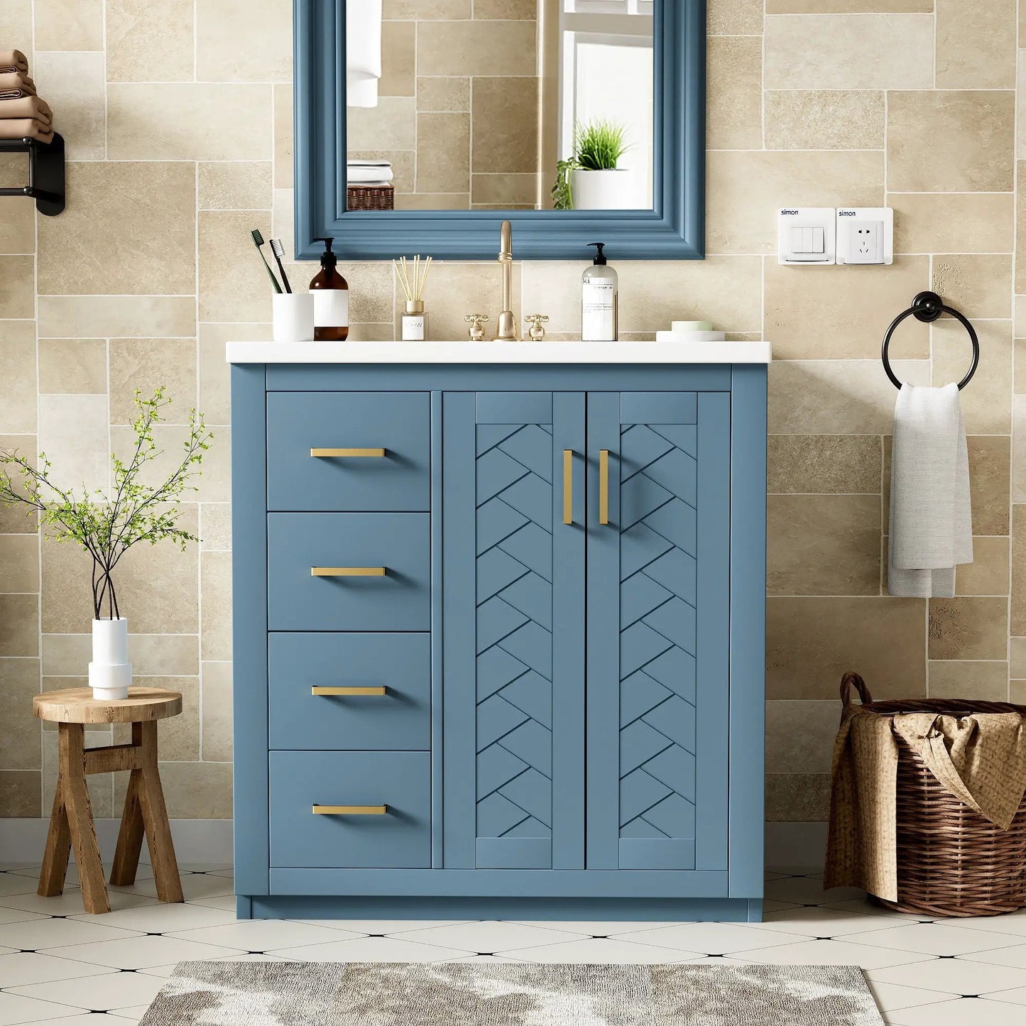 Ceramic sink vanity blue freestanding with 3 drawers soft-close doors Unique Piece Furniture on Tampa Home & Garden Store