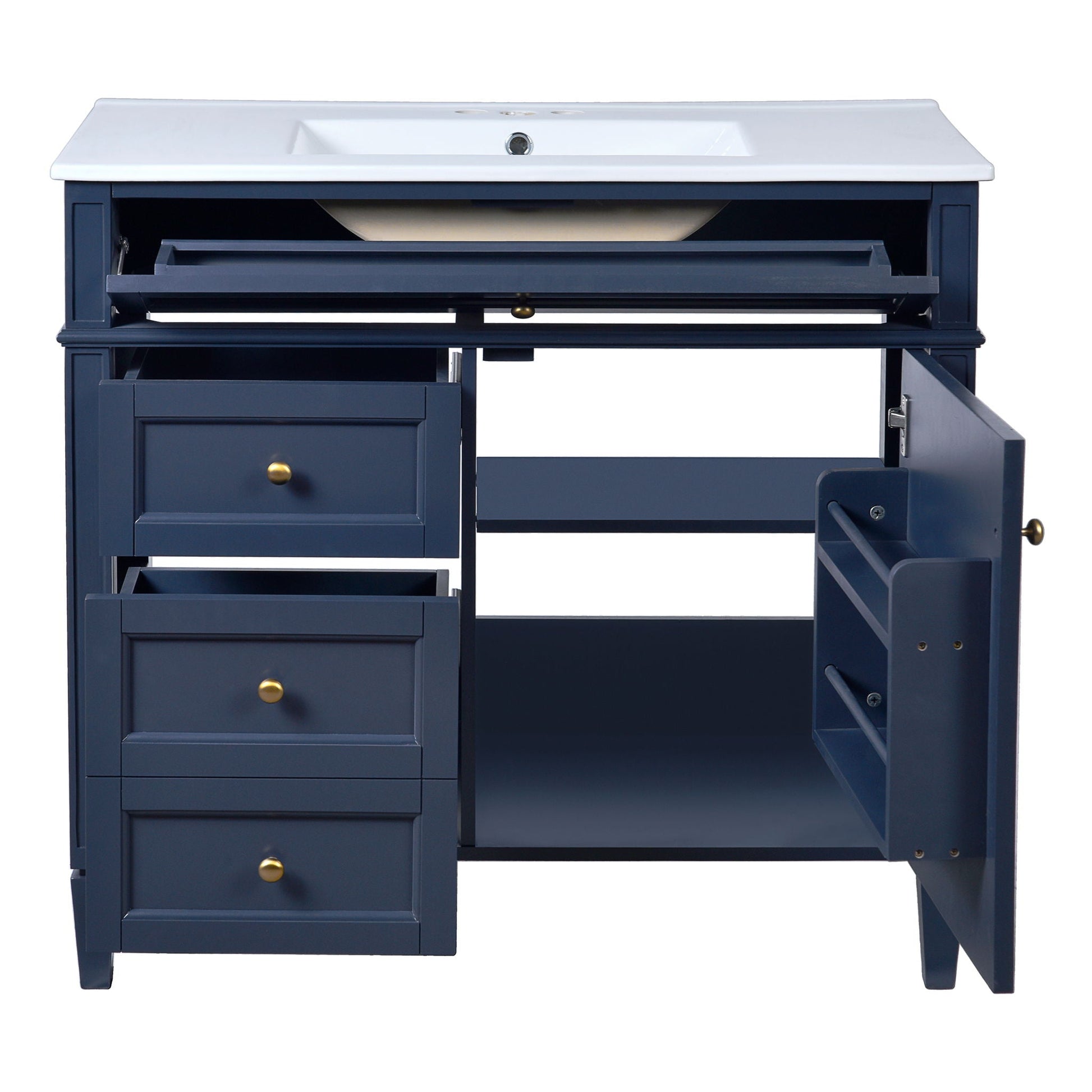 Blue bathroom vanity with white top sink, 2 drawers and tip-out drawer, single sink HouseOfZazla on Tampa Home & Garden Store