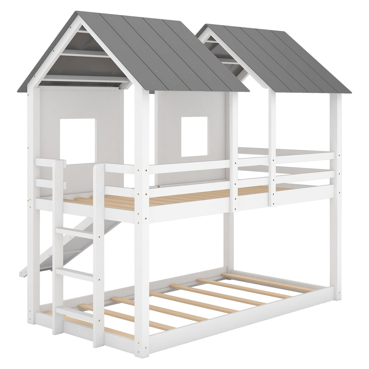 Twin over twin house bunk bed with slide and windows in white and gray by HouseOfZazla on Tampa Home & Garden Store