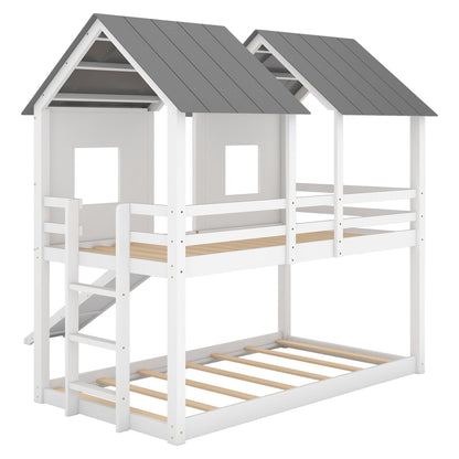 Twin over twin house bunk bed with slide and windows in white and gray by HouseOfZazla on Tampa Home & Garden Store