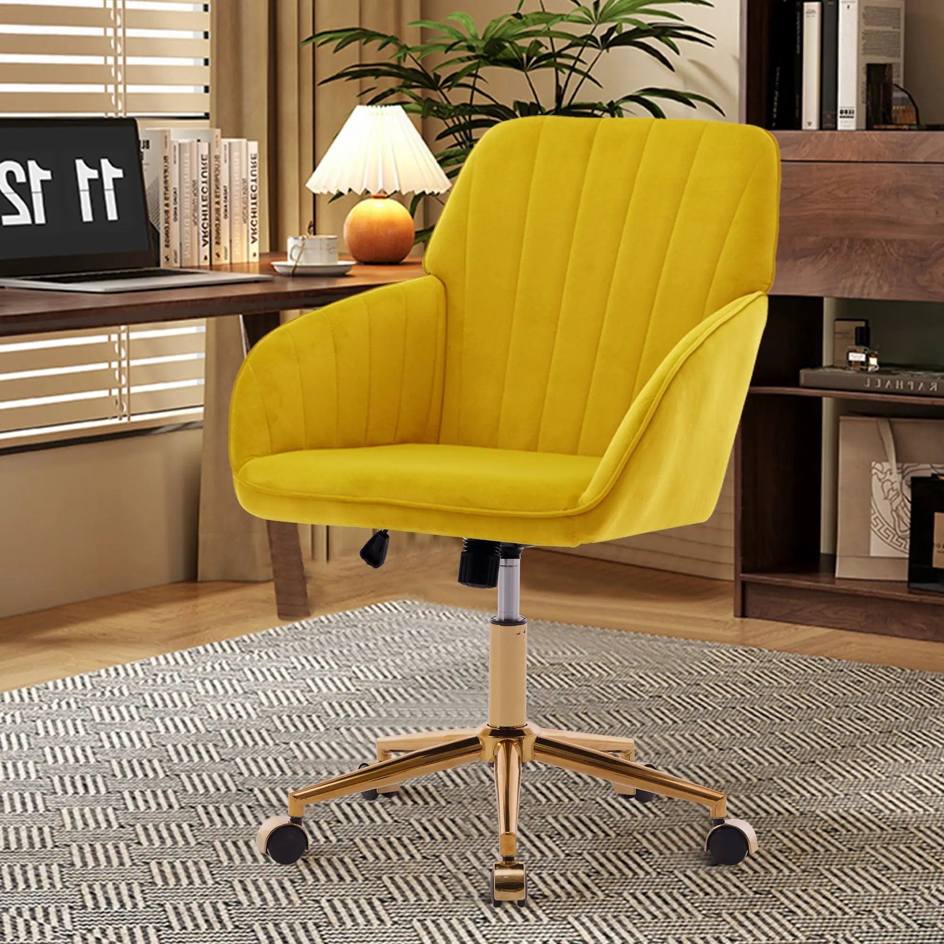 Adjustable Ergonomic Swivel Office Chair in bright yellow velvet with gold base on Tampa Home & Garden Store