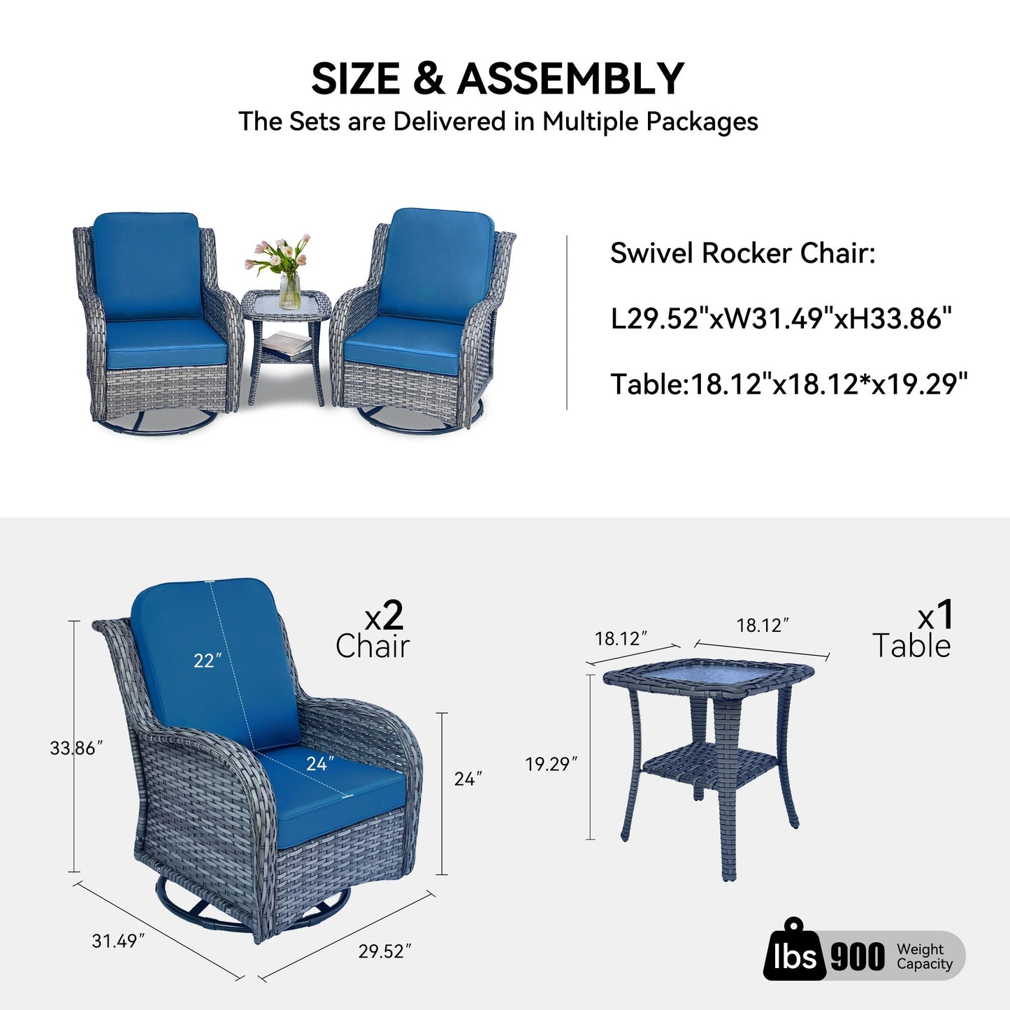3-piece wicker outdoor furniture set with blue cushions; two swivel chairs by HouseOfZazla on Tampa Home & Garden Store