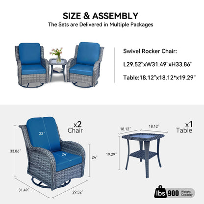 3-piece wicker outdoor furniture set with blue cushions; two swivel chairs by HouseOfZazla on Tampa Home & Garden Store