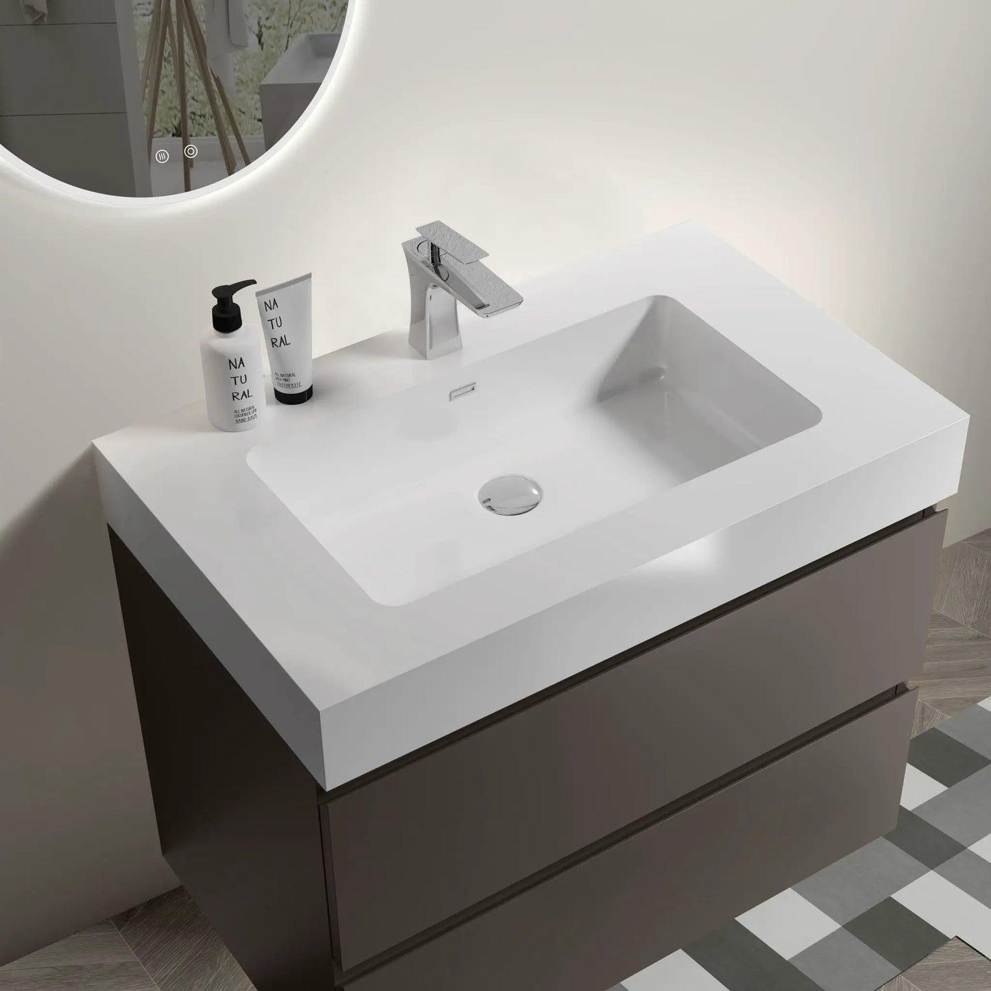 Alice wall-mounted bathroom vanity with sink, chrome faucet, large storage, two bottles on Tampa Home & Garden Store