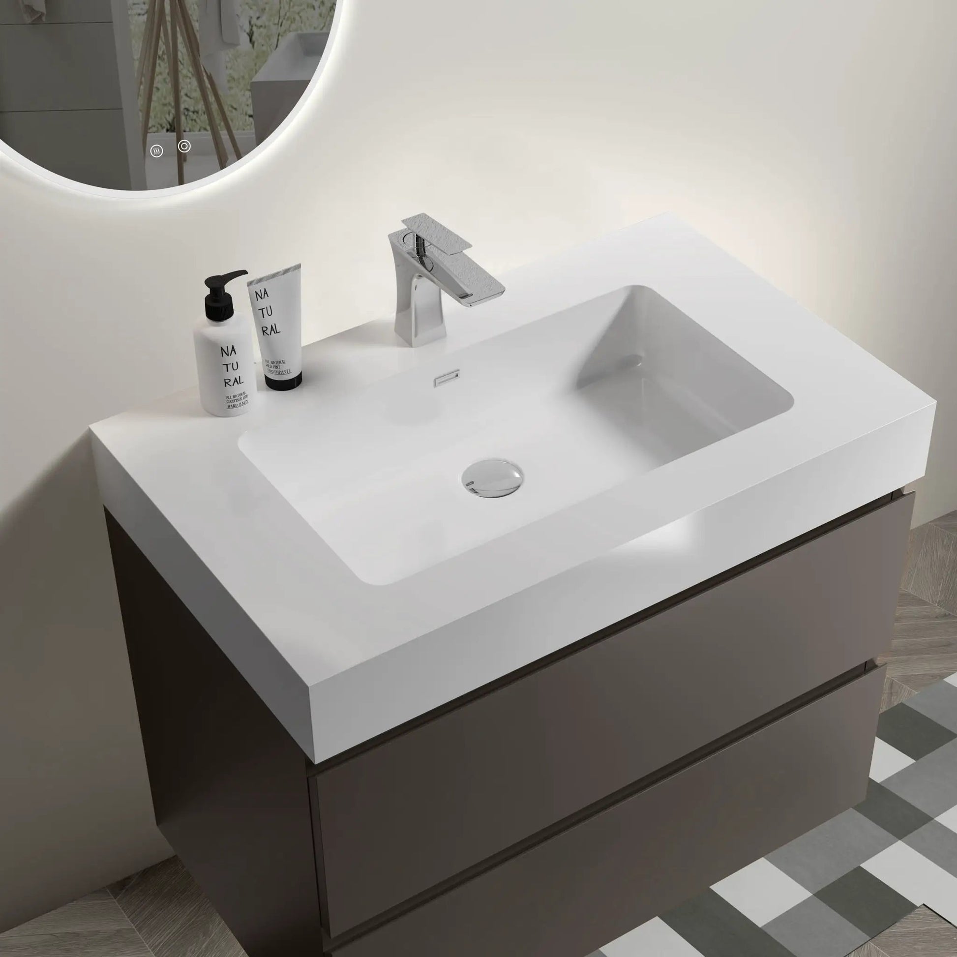 Alice wall-mounted bathroom vanity with sink, chrome faucet, large storage, two bottles on Tampa Home & Garden Store
