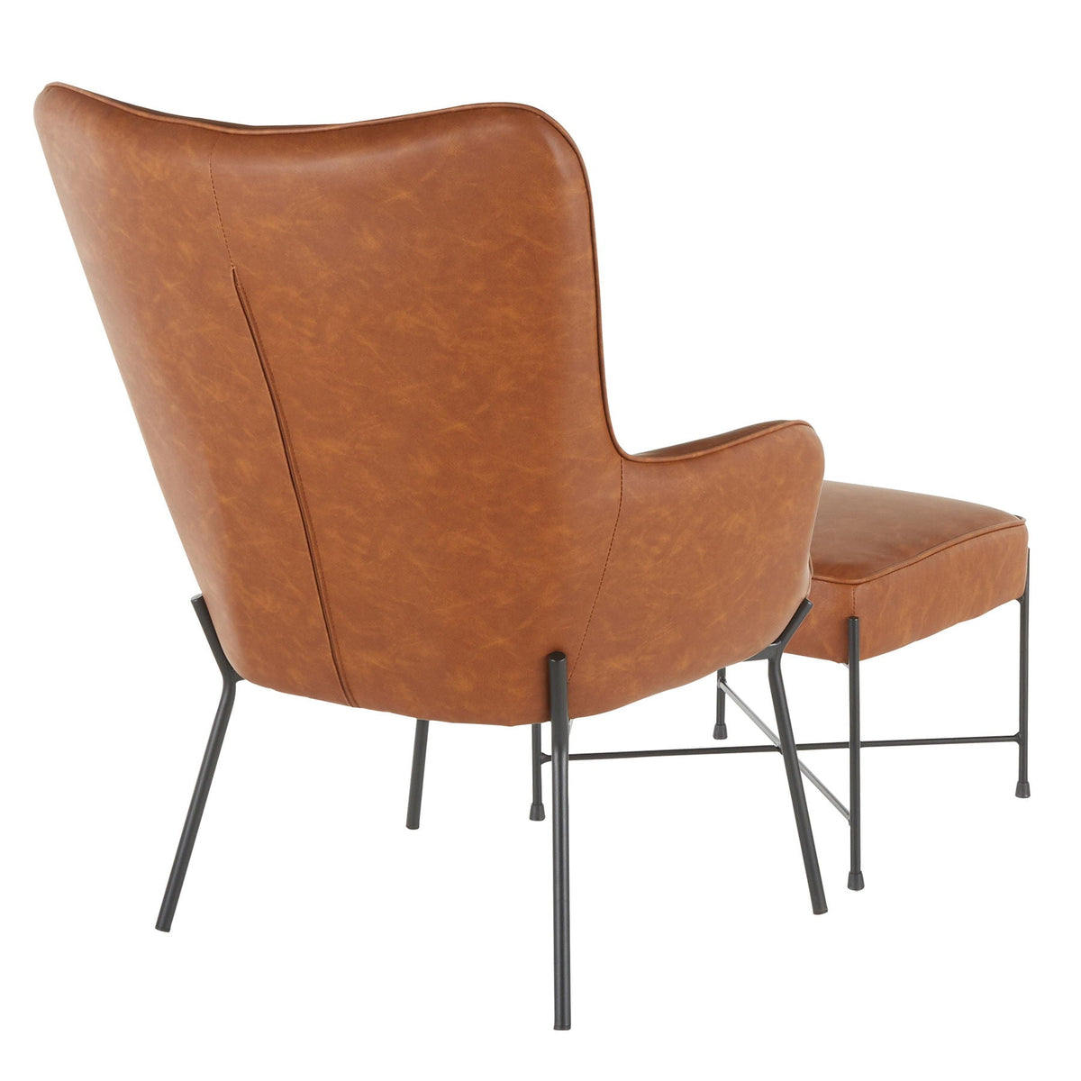 Industrial lounge chair and matching ottoman in brown leather with black metal legs on Tampa Home & Garden Store