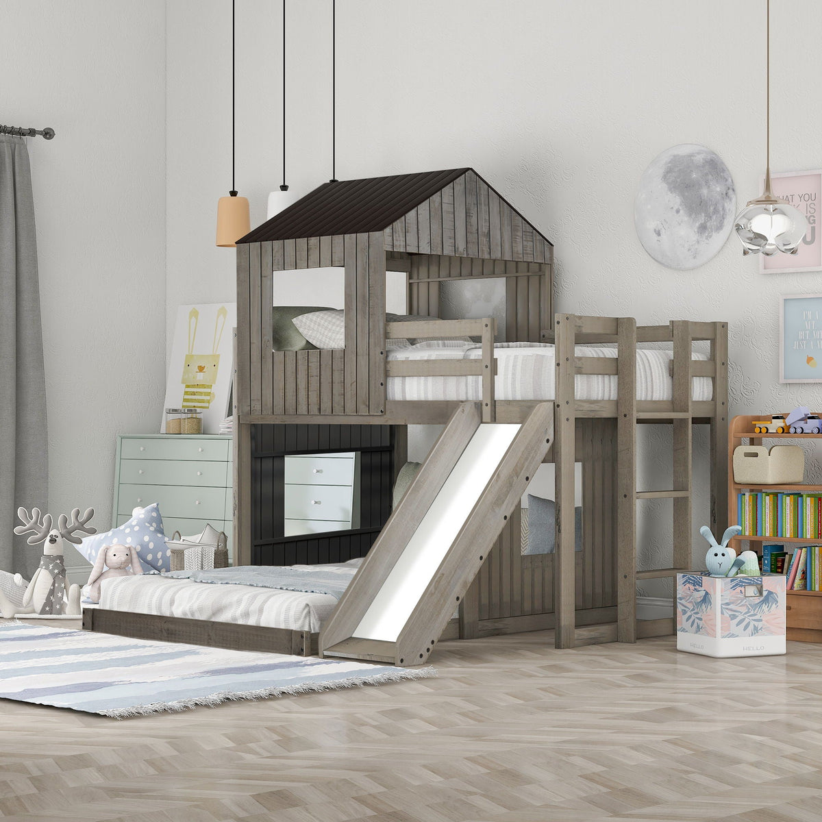 Loft Bunk Bed With Playhouse, farmhouse gray wood, ladder and slide, HouseOfZazla on Tampa Home & Garden Store