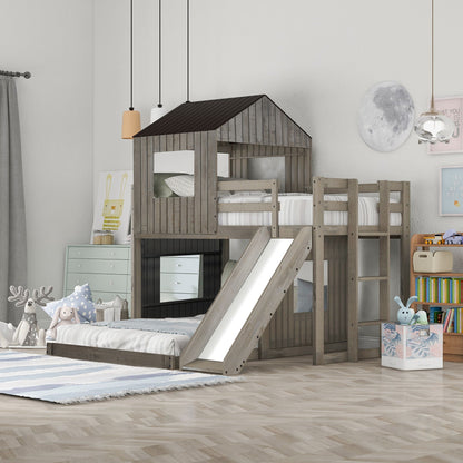 Loft Bunk Bed With Playhouse, farmhouse gray wood, ladder and slide, HouseOfZazla on Tampa Home & Garden Store