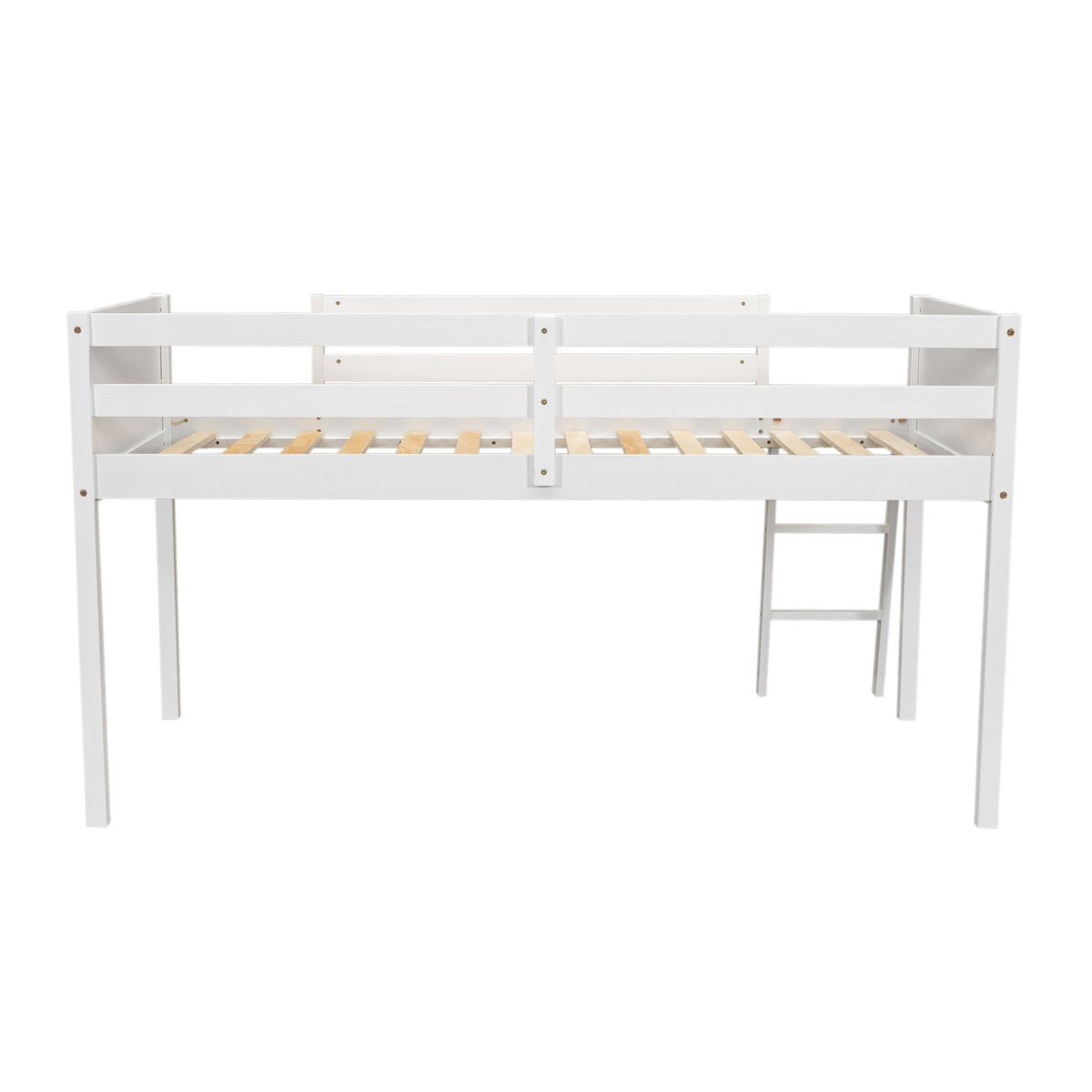Low loft bed by HouseOfZazla in white with guard rails and wooden slat base adjustable ladder on right on Tampa Home & Garden Store