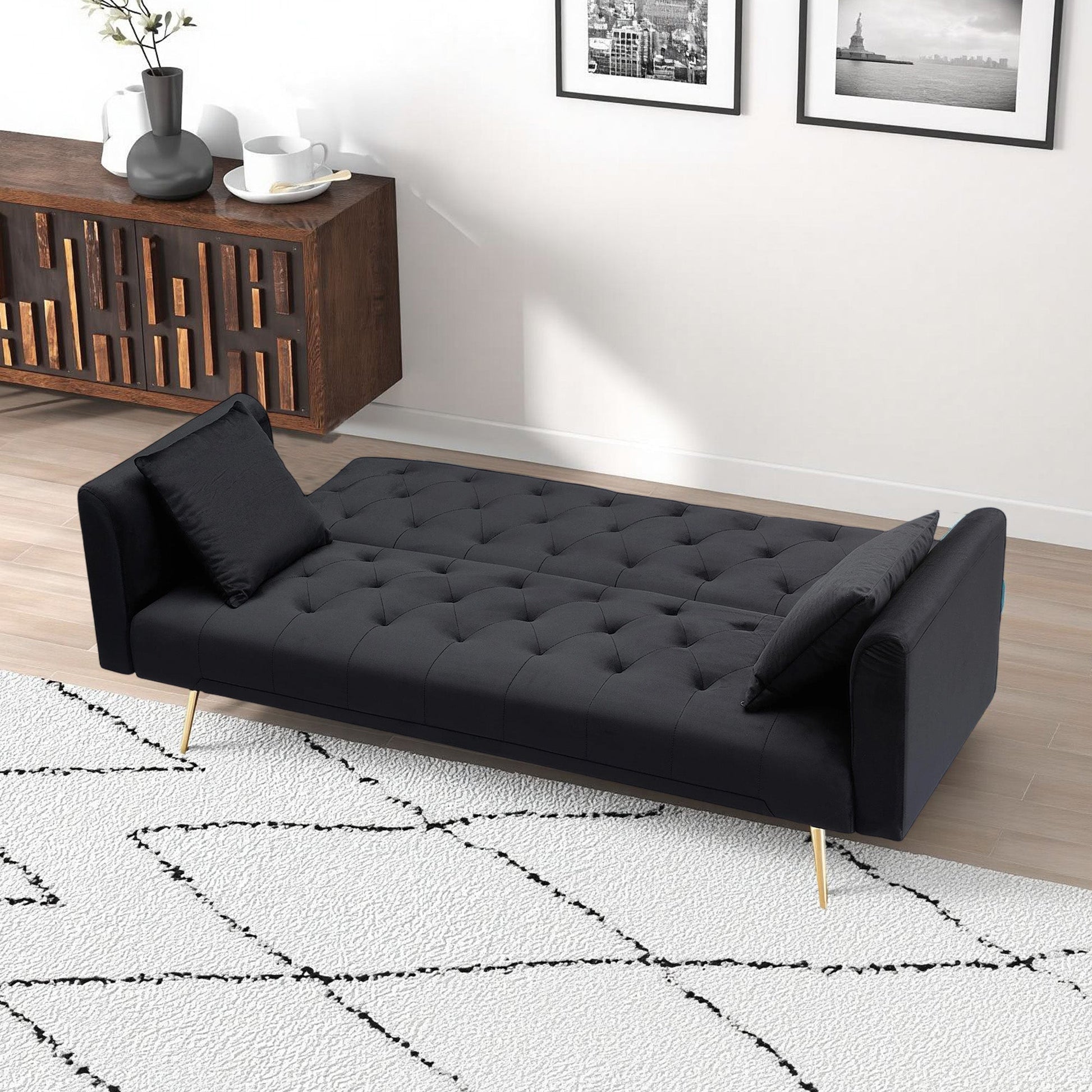 71-inch foldable double sofa with black tufted upholstery and gold legs in a modern living room on Tampa Home & Garden Store
