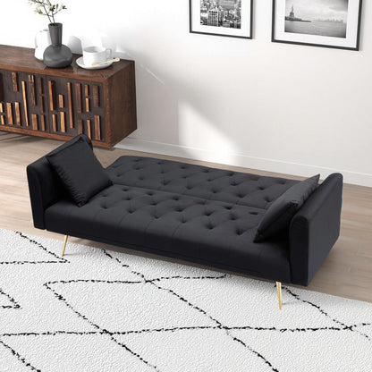 71-inch foldable double sofa with black tufted upholstery and gold legs in a modern living room on Tampa Home & Garden Store