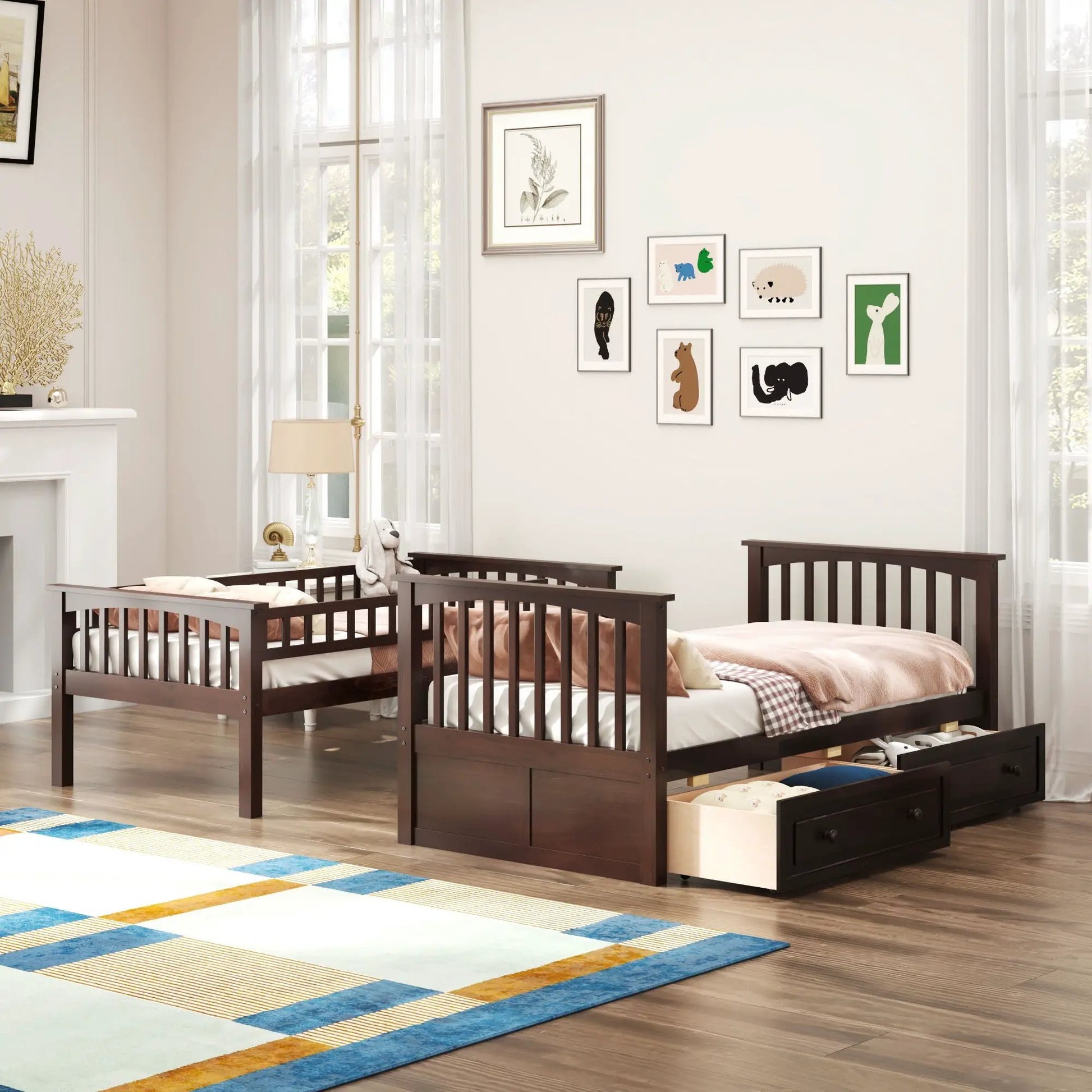 Pair of dark wood bunk beds with built-in drawers, convertible design on Tampa Home & Garden Store