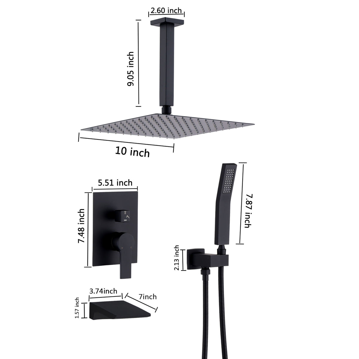 Shower Wall Kit with high pressure 10-inch black rain head and handheld by HouseOfZazla on Tampa Home & Garden Store