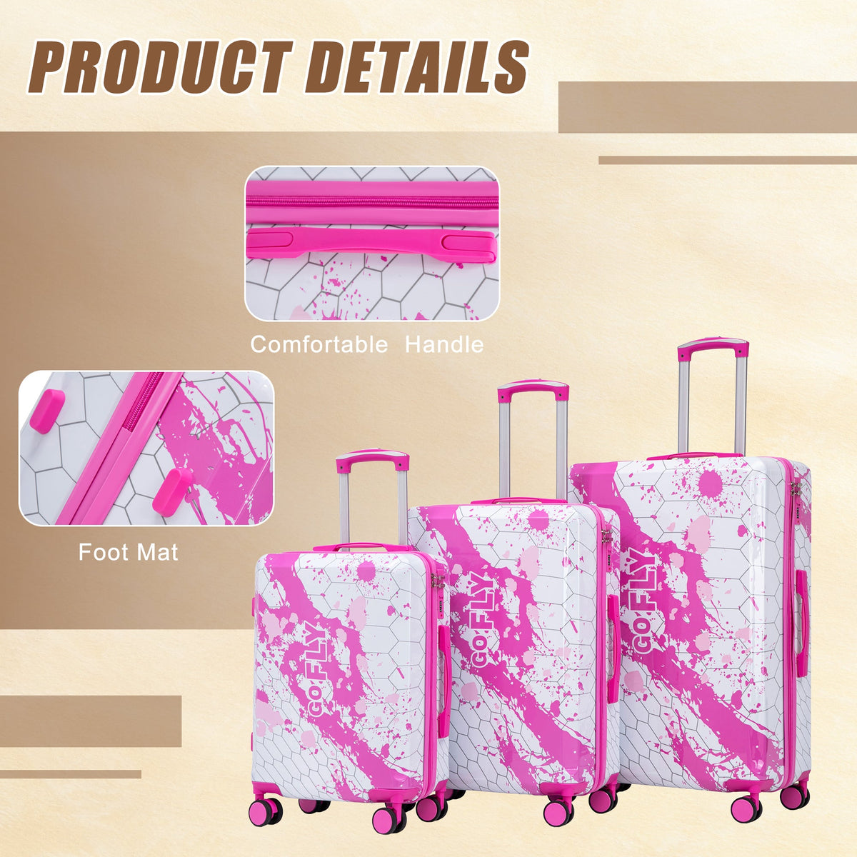 3-Piece Pink Spinner Wheel Luggage Set hard-shell cases with pink splat design by HouseOfZazla on Tampa Home & Garden Store