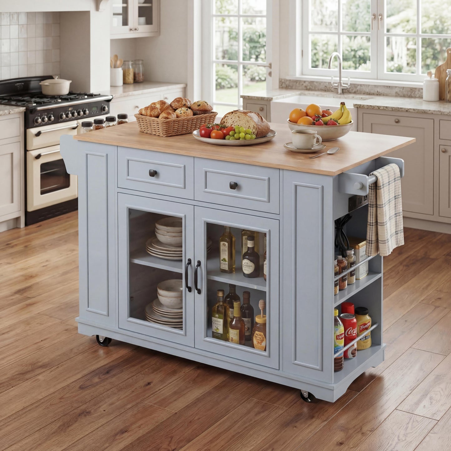 Mobile Kitchen Island with Glass Door and Outlet