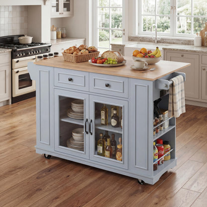 Mobile Kitchen Island with Glass Door and Outlet
