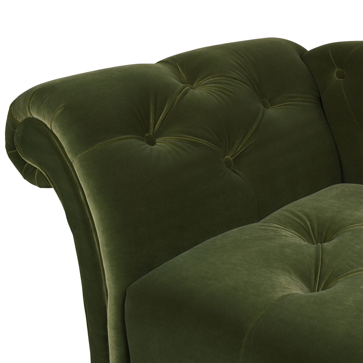 Tufted dark green velvet chaise lounge with button tufting on Tampa Home & Garden Store