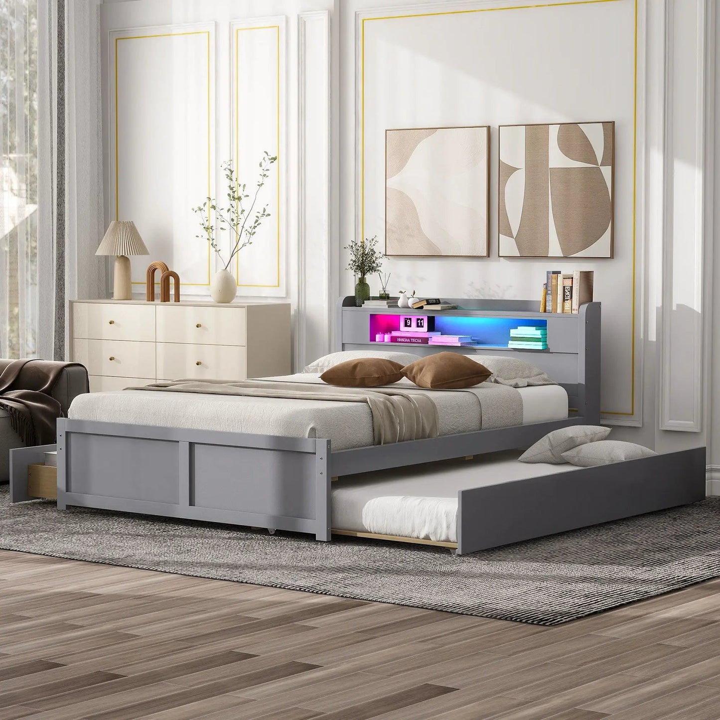 Storage Platform Bed with LED Lights, gray finish, 2 drawers and trundle Unique Piece Furniture on Tampa Home & Garden Store