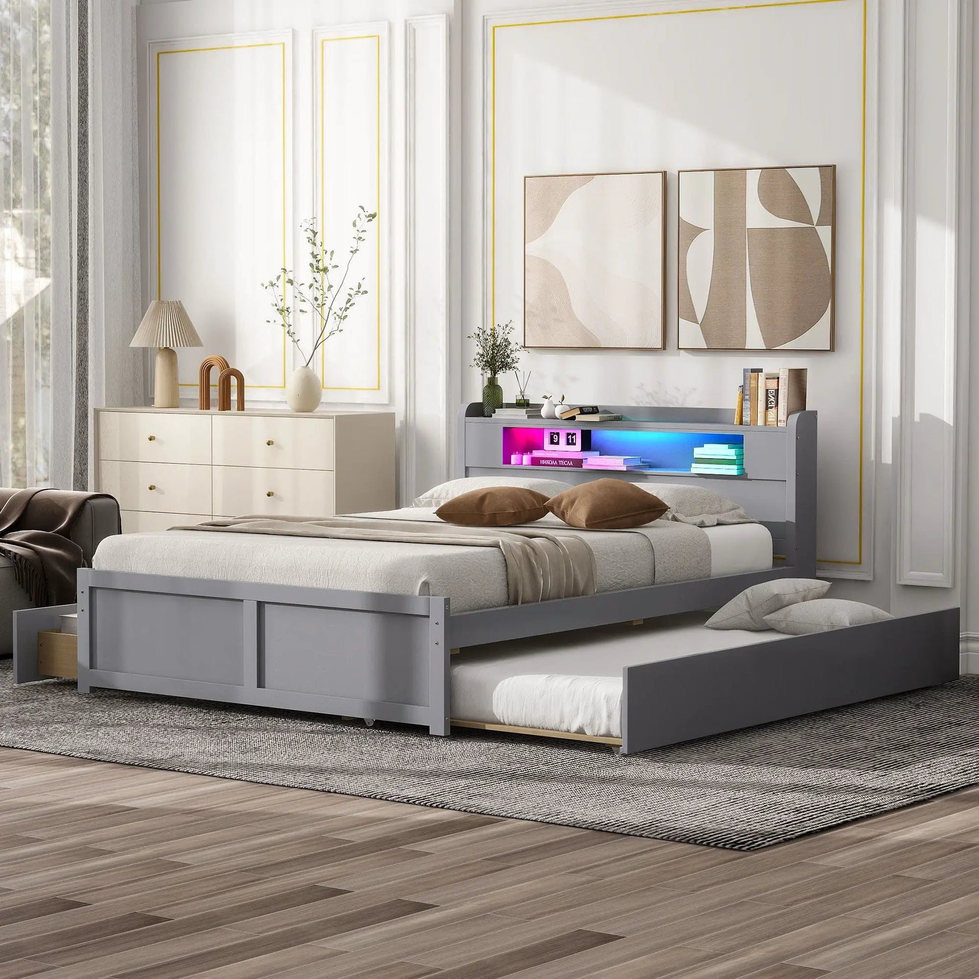 Storage Platform Bed with LED Lights, gray finish, 2 drawers and trundle Unique Piece Furniture on Tampa Home & Garden Store