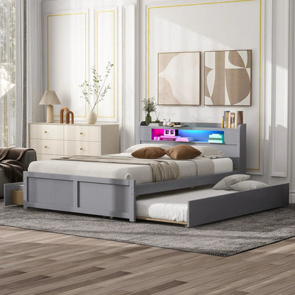 Storage Platform Bed with LED Lights, gray finish, 2 drawers and trundle Unique Piece Furniture on Tampa Home & Garden Store
