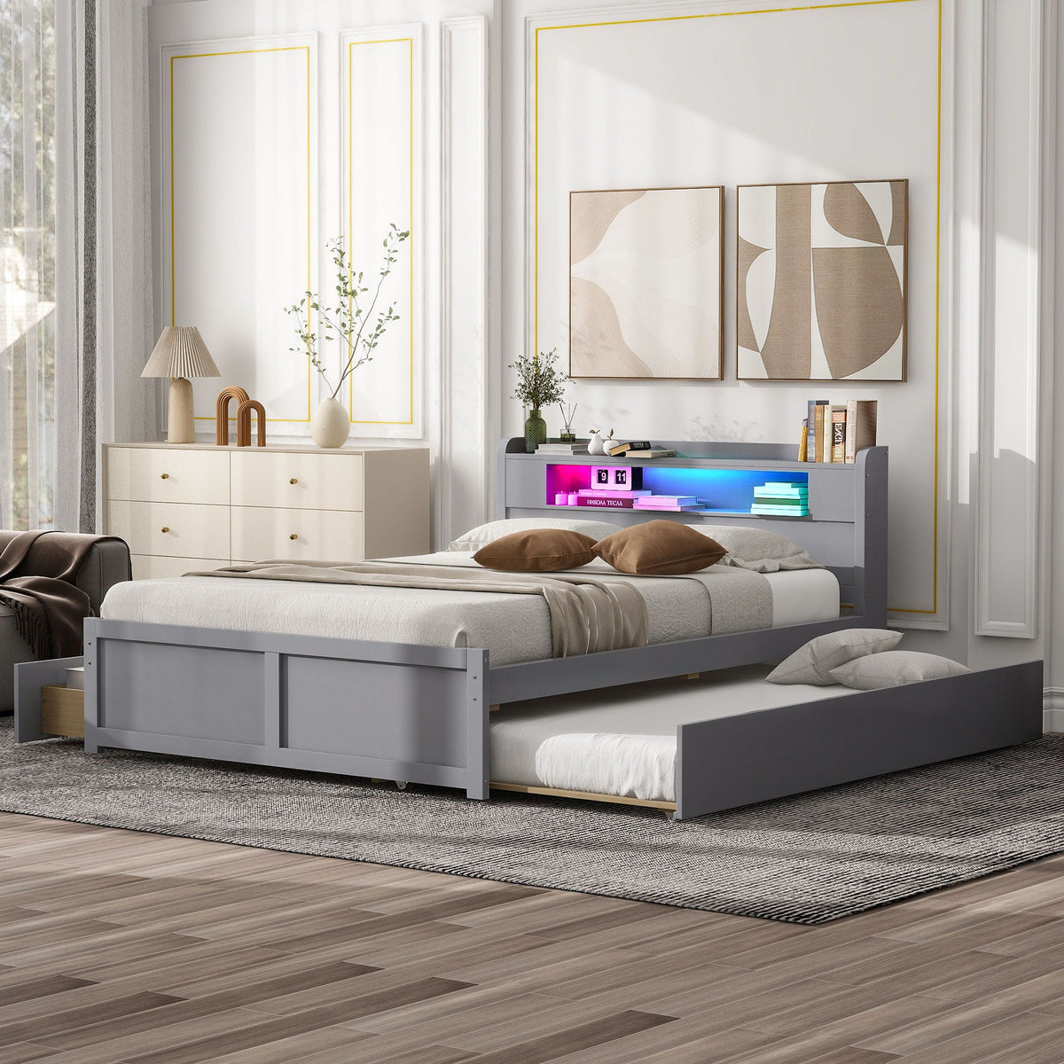 Storage platform bed with LED lights, 2 drawers and trundle in gray on Tampa Home & Garden Store