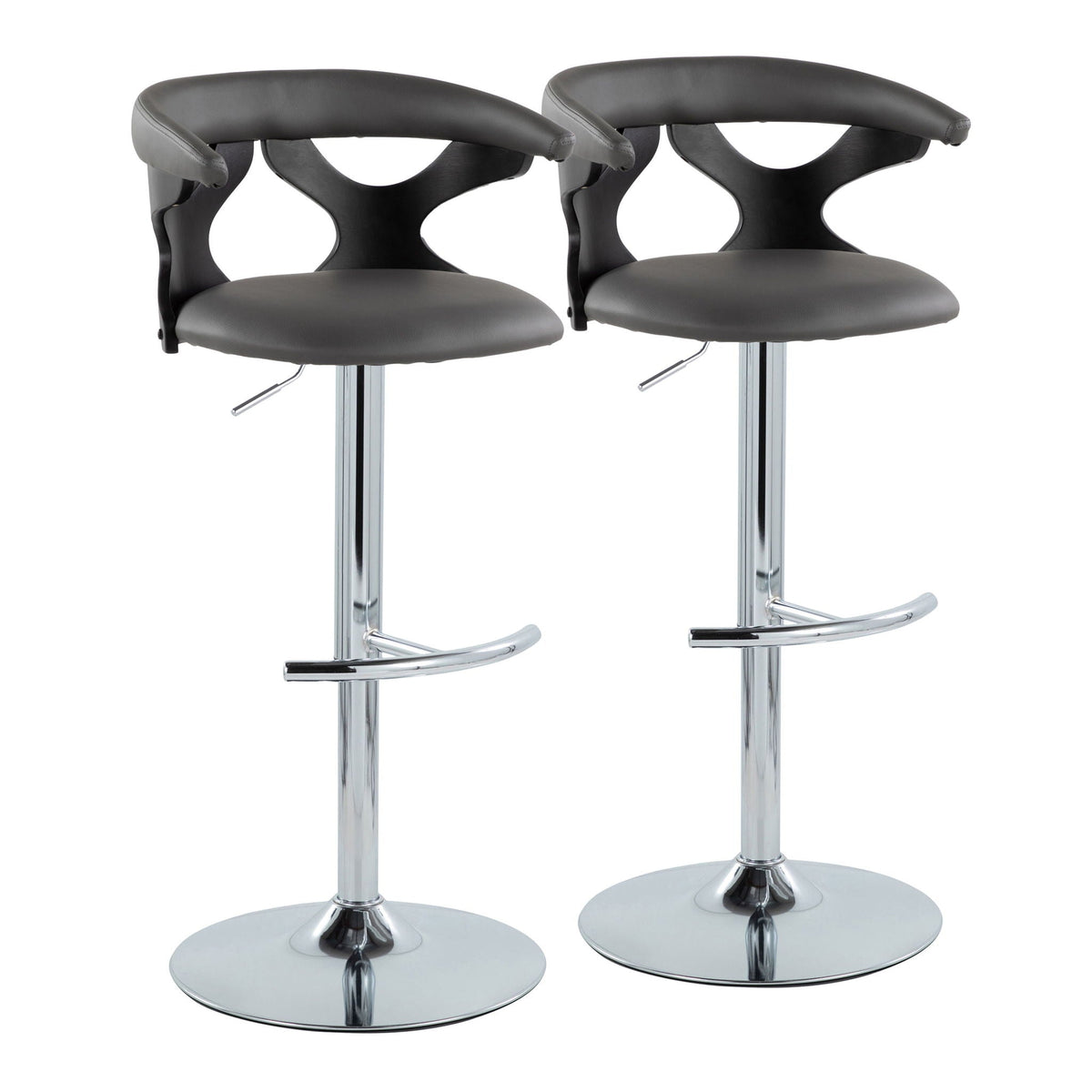 Two modern adjustable barstools with swivel and T-footrests in black upholstery on chrome bases on Tampa Home & Garden Store