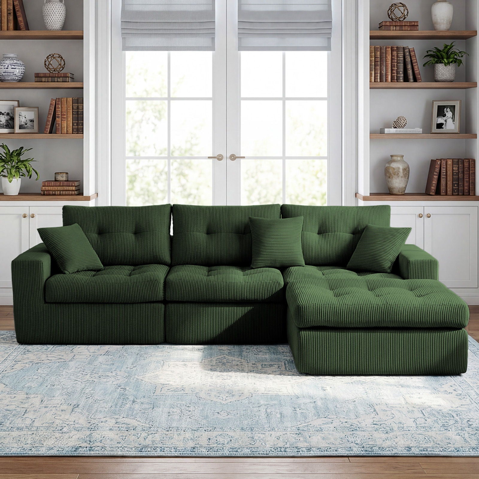 Corner Chaise L-Shaped Sectional Sofa Bed in green corduroy, 2-piece set by HouseOfZazla on Tampa Home & Garden Store